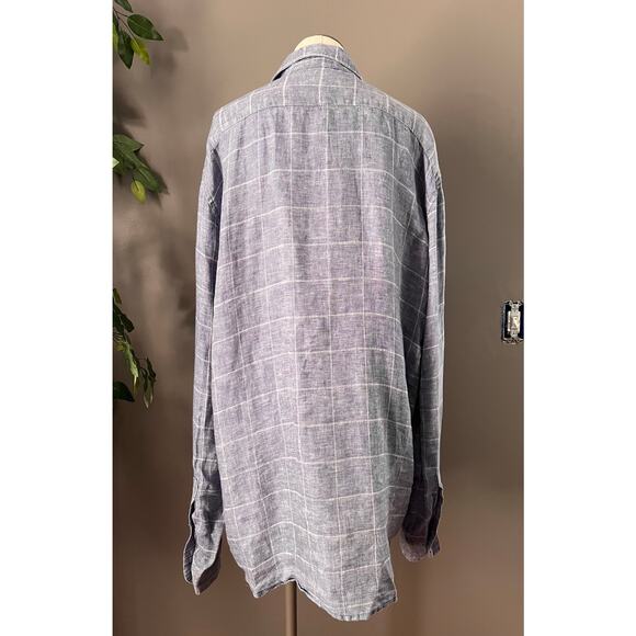 Saks Fifth Avenue Mens Blue Linen Slim Fit Plaid Button Down Shirt Size Large - Picture 5 of 6
